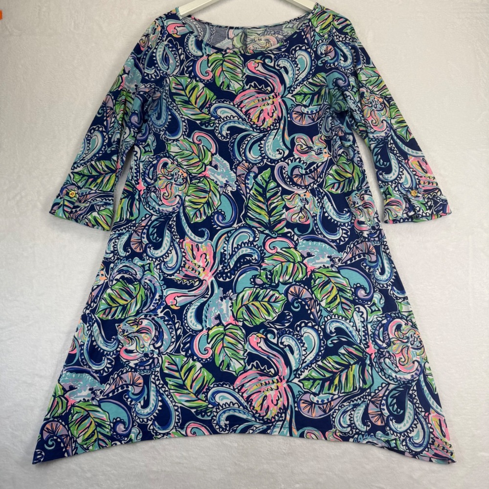Lilly Pulitzer Hollee Dress Womens Large Blue Flamingo Paisley Pima Cotton 24751